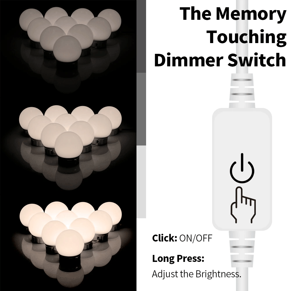 miroir maquillage lumière led blanc moderne interrupteur tactile câble usb 10 ampoules sphères