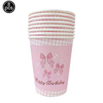 vaisselle jetable rose anniversaire filles assiettes gobelets serviettes nappe motif ruban fête enfant