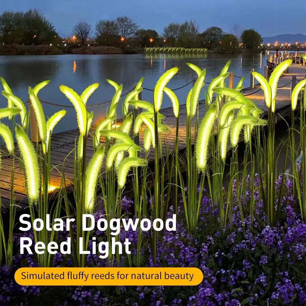 lumière solaire extérieure roseau fluffy verte jaune tige métallique panneau solaire jardin décoration naturelleextérieur