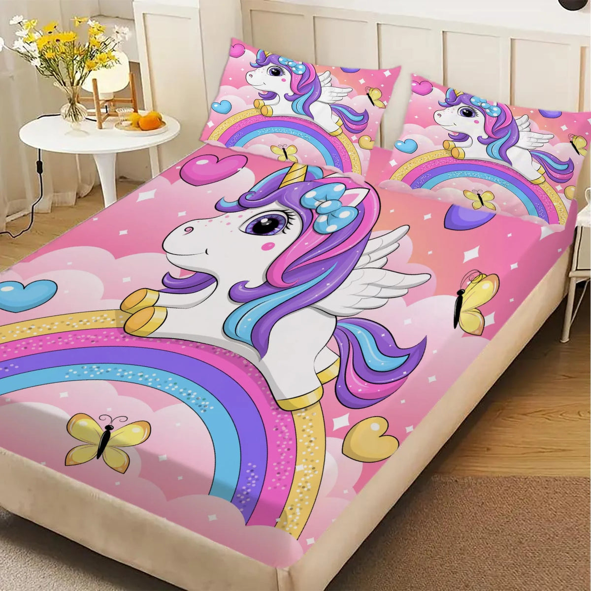 drap housse licorne arc ciel dessins animés couleurs vives motif fantaisie lit enfant polyester