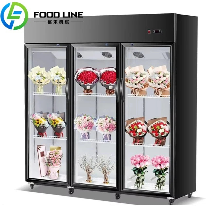 présentoir commercial triple porte vitre anti buée fleurs bouquets pots roulettes moderne