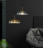 Lampes suspendues modernes transparent doré noir gris abatjour transparent rosace dorée câble suspension LED