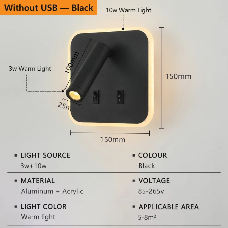 lampe murale led lecture moderne blanc noir cuivre usb projecteur backlight chambre entree