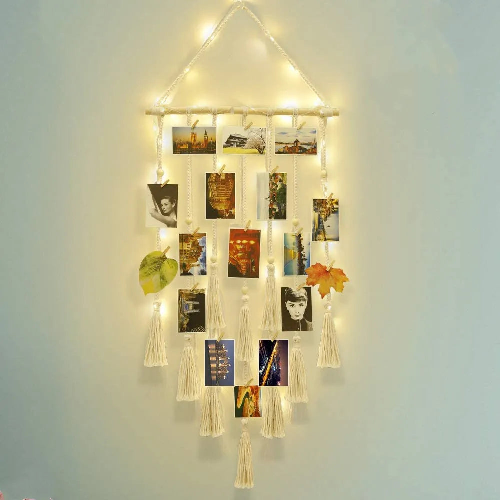 cadre photo murale bois corde tressée pompons bohème chambre enfant decoration chambre cadeau amis
