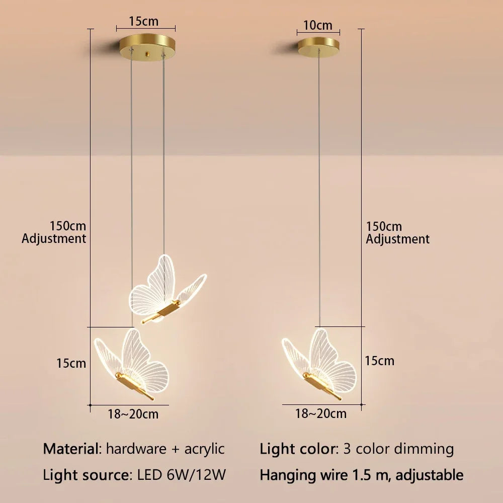 suspension lumineuse moderne or papillon translucide salon chambre étude hall double têtes
