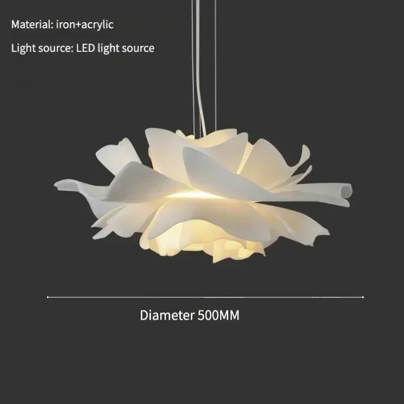 lampe suspendue moderne feuilles ouvertes blanc opacité éclairage chaleureux interrupteur bouton semi encastré