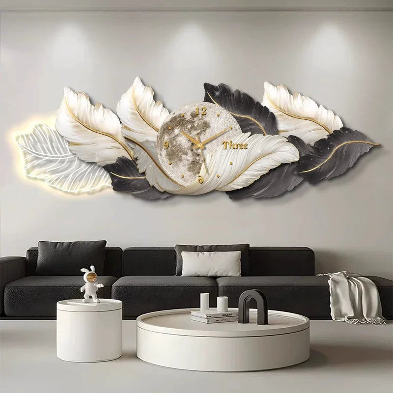 horloge murale moderne décorative feuilles stylisées effet marbré blanc noir or