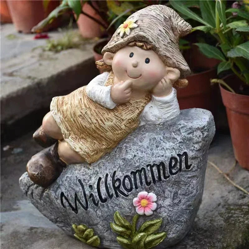 statue décorative jardin fille assise fleurs motifs floraux marron beige blanc gris vert artisanalextérieur