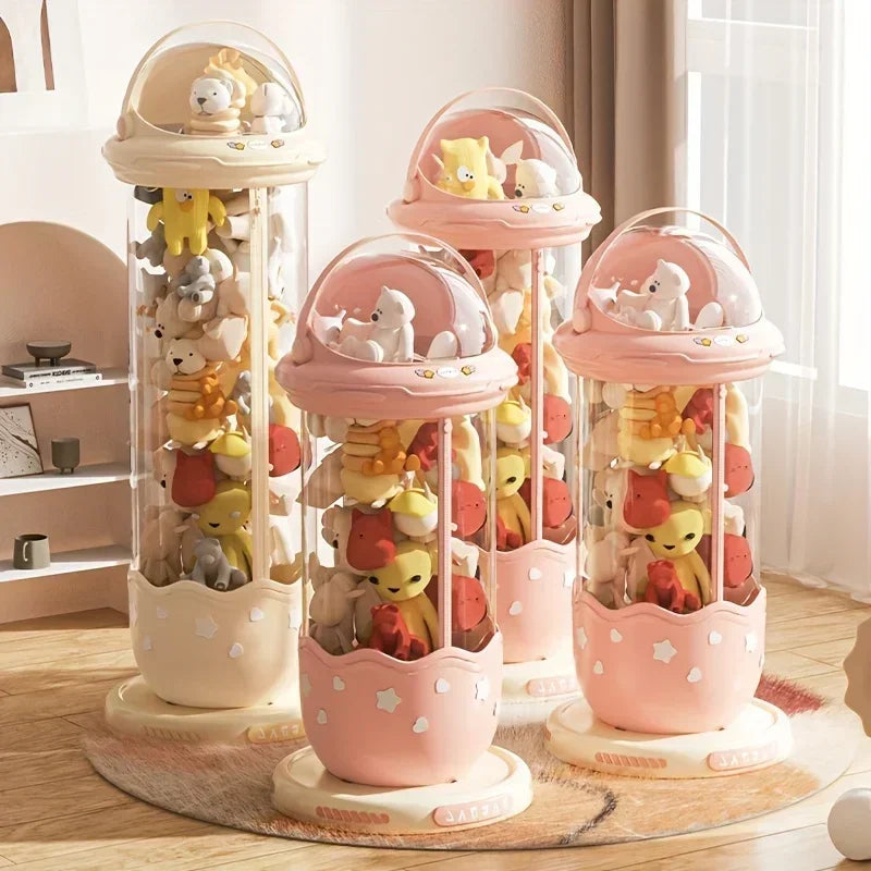 rangement jouets transparent capsule pliable moderne étoiles beige rose figurines poignée