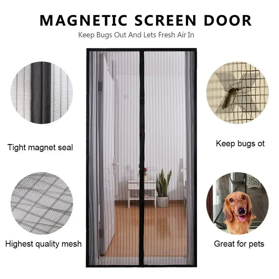 rideau porte magnétique noir maille fine moderne anti insectes pliable polyester