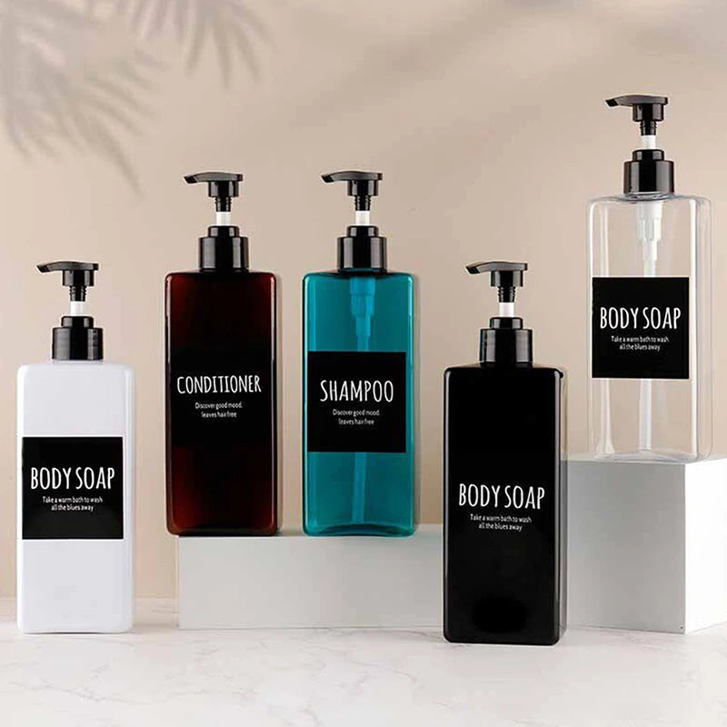 shampooing conditionneur savon main bouteille rechargeable pompe pression noir blanc bleu brun minimaliste