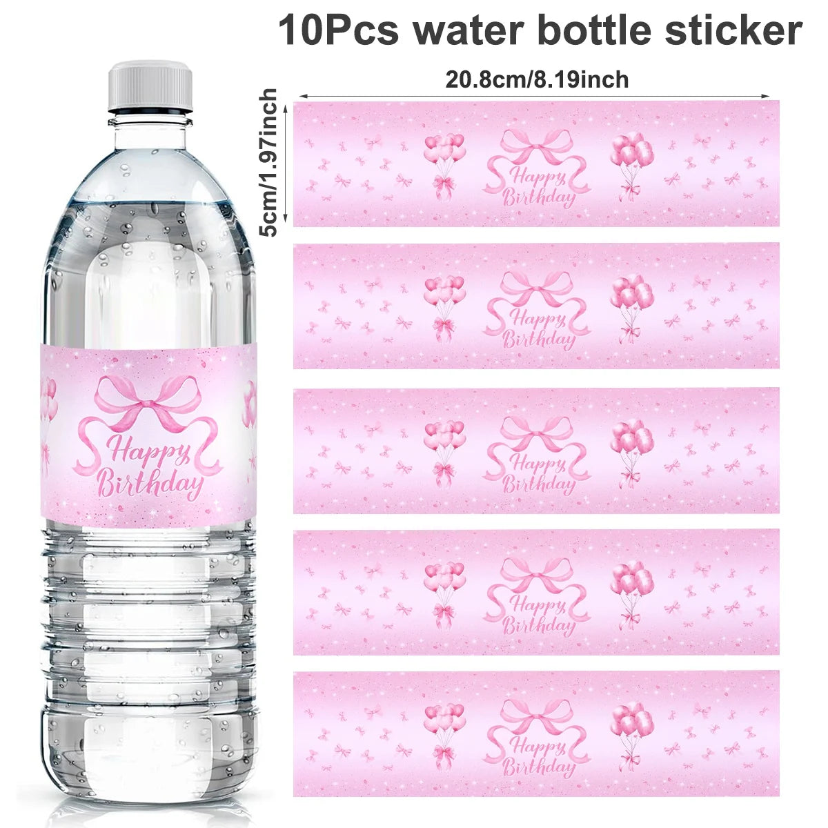 étiquettes autocollantes bouteilles d'eau transparentes motif ballons roses rubans happy birthday points dorés festif