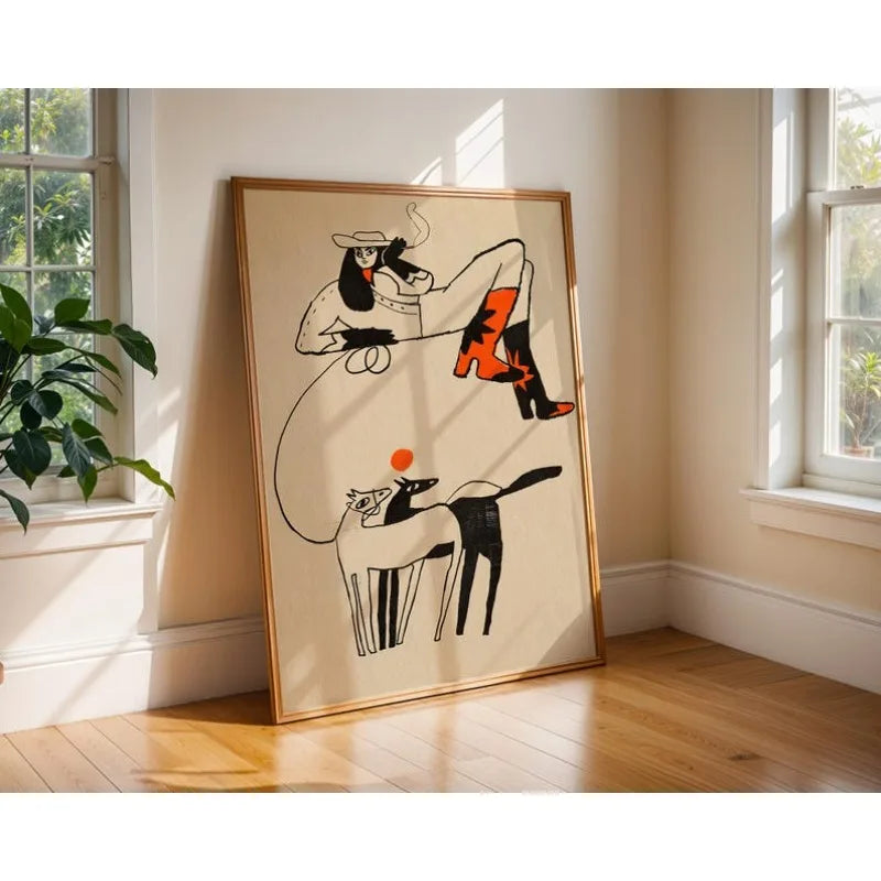 tableau impression toile abstraite vintage sans cadre minimaliste moderne décoration salon beige noir orange