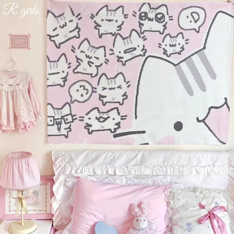tapisserie murale moderne kawaii chats mignons rose blanche noire 130x150cm