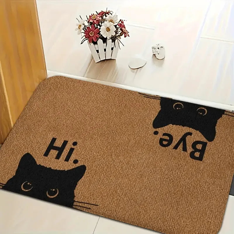 tapis d'entrée moderne marron clair chat noir texte Hi Bye antidérapant polyester machine washable