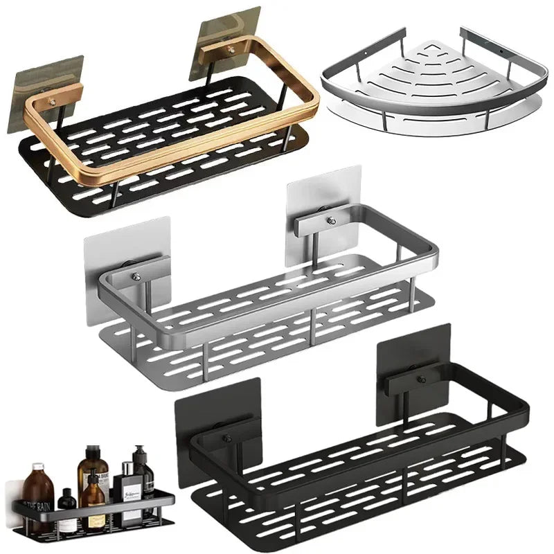 étagères salle bain moderne noires dorées mural sans perçage double niveau aluminium inoxydable