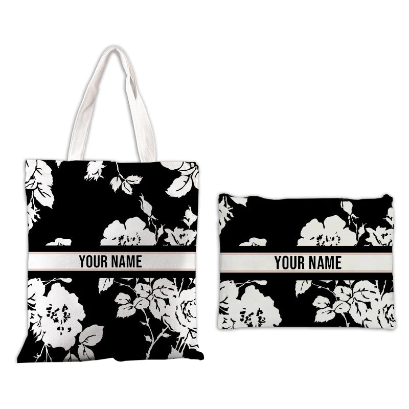 sac main toile noire fleurs blanches pochette géométrique motif blanc personnalisation prénom bandoulièreversible organiser