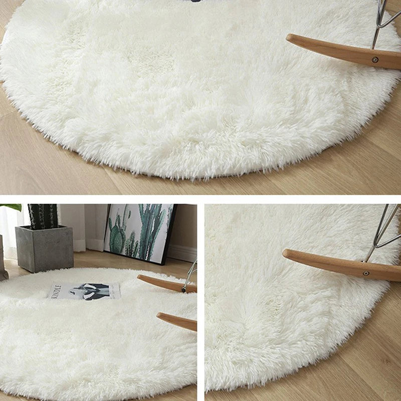 tapis rond pelucheux couleur beige blanc moderne salon enfant chambre geométrique