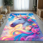tapis licorne scénique violet rose blanc coeurs étoiles moderne antidérapant sol chambre enfant fantaisie
