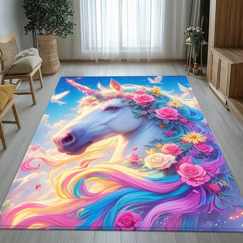 tapis licorne scénique violet rose blanc coeurs étoiles moderne antidérapant sol chambre enfant fantaisie