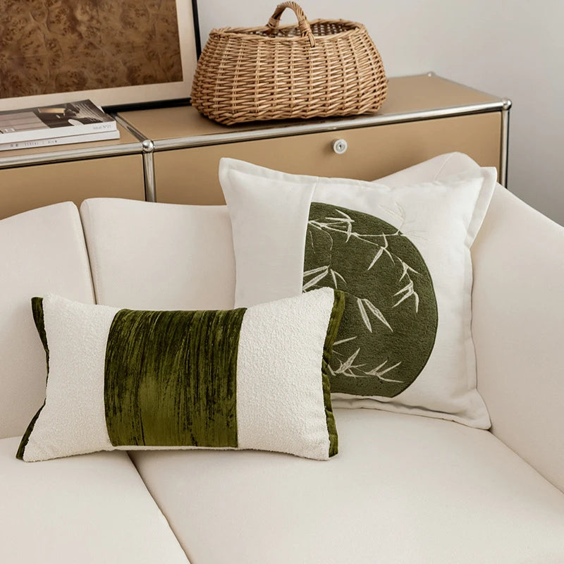 coussins brodés bambou blanc vert olive nordique contemporain décoration maison voiture