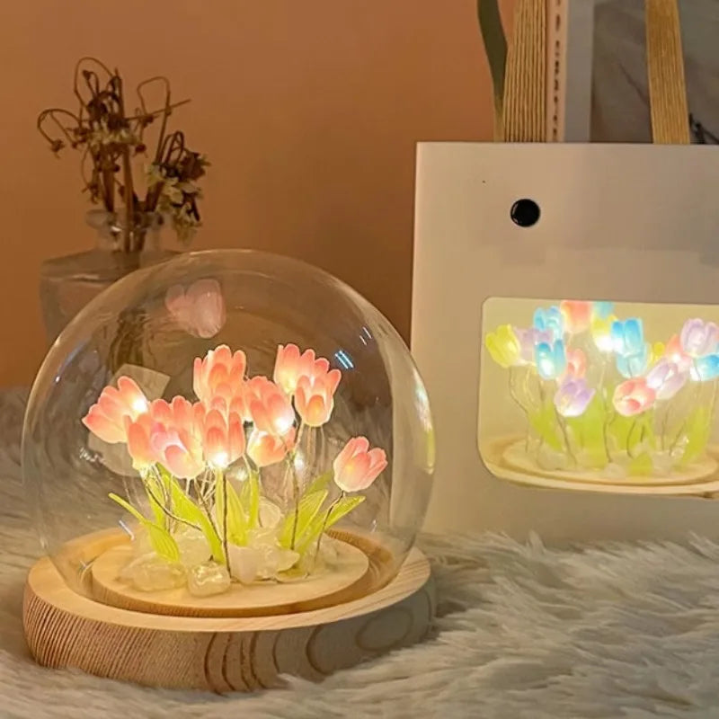 tulipe fleur lampe deco diy verre bois leds couleurs transparentes nuit chambre