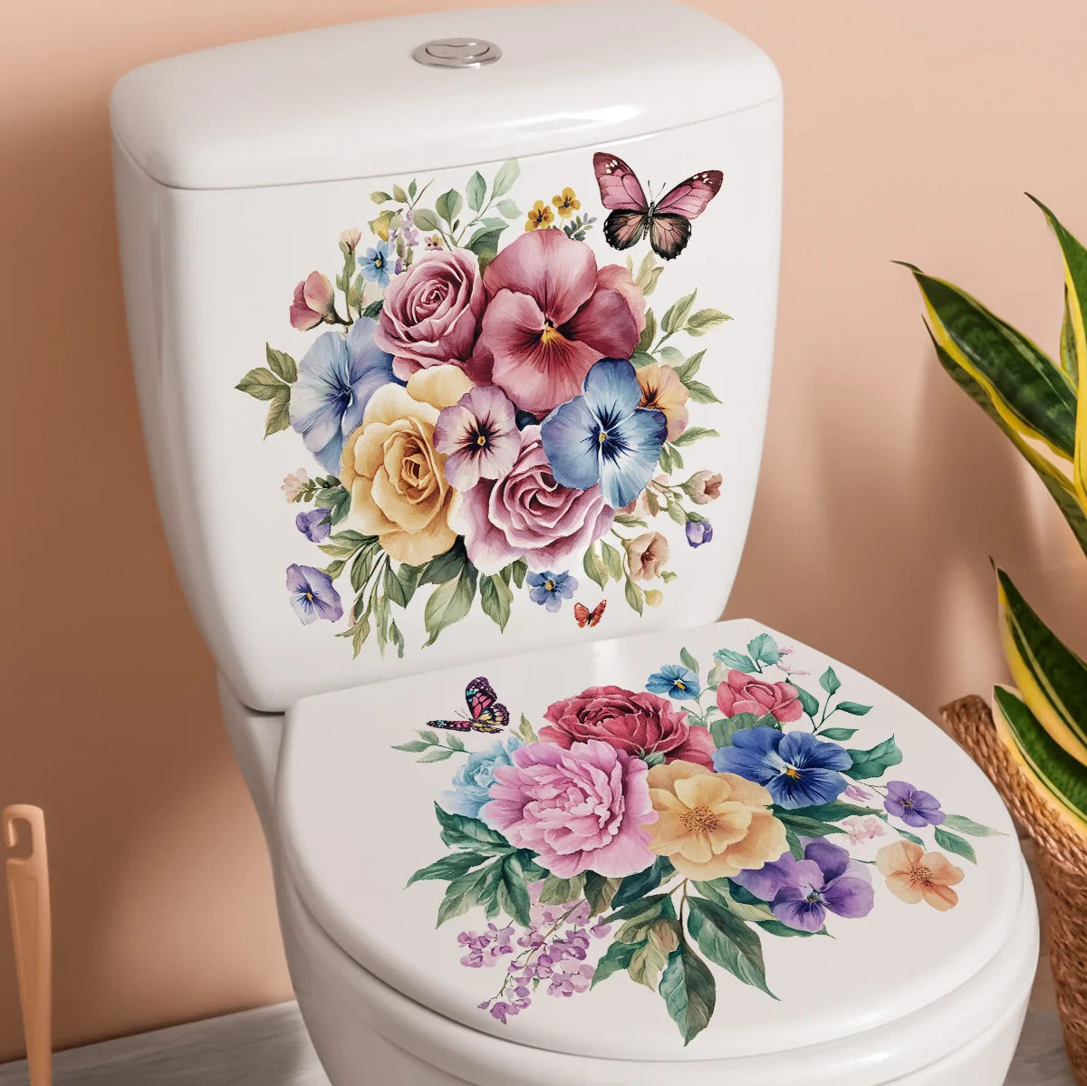 autocollants muraux fleurs colorées bouquet papillons salle bain blanc 30x30cm 2pièces adhésifs