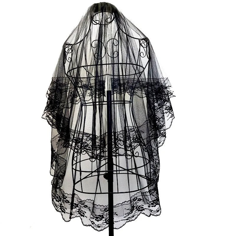 voile mariée deux couches dentelle florale transparent classique gothique blanc noir peigne cheveux