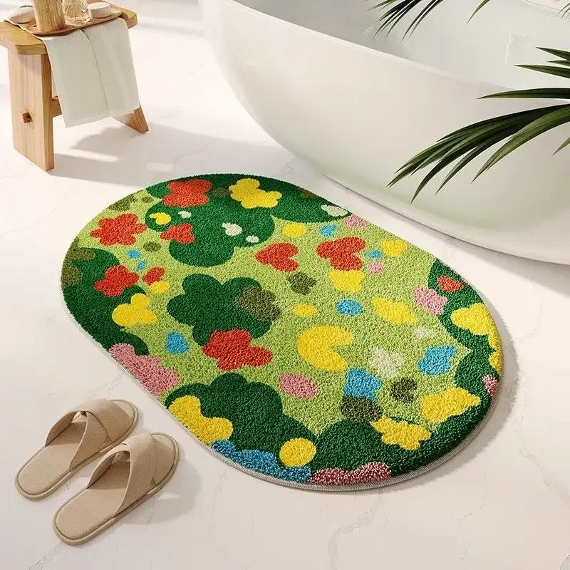 tapis bain moderne fleurs colorées résistant l'eau antidérapant vert blanc jaune rose bleu orange