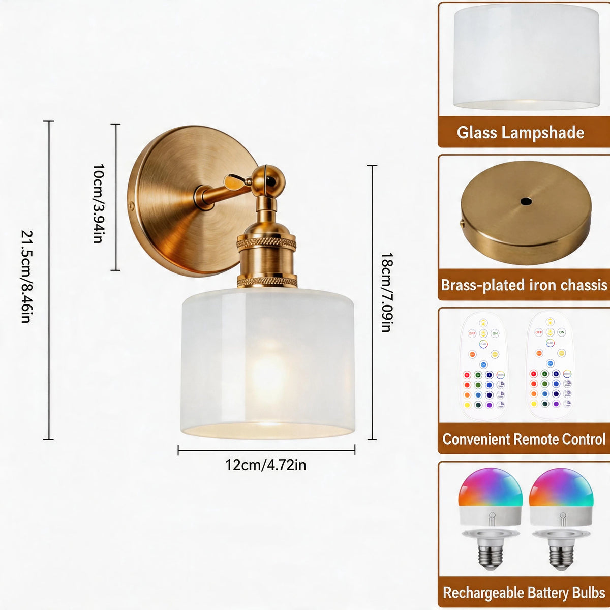 lampe murale rechargeable dorée abat jour transparent led rgb cuisine chambre salon
