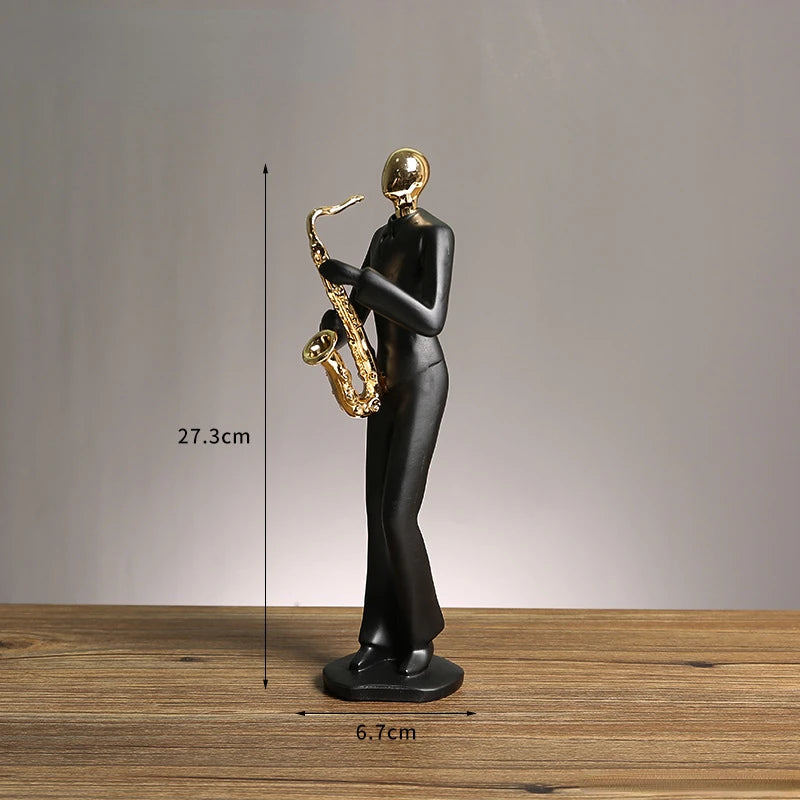 statue musicien moderne abstraite saxophone guitare noire décoration intérieure couple instrumental résine opaque base