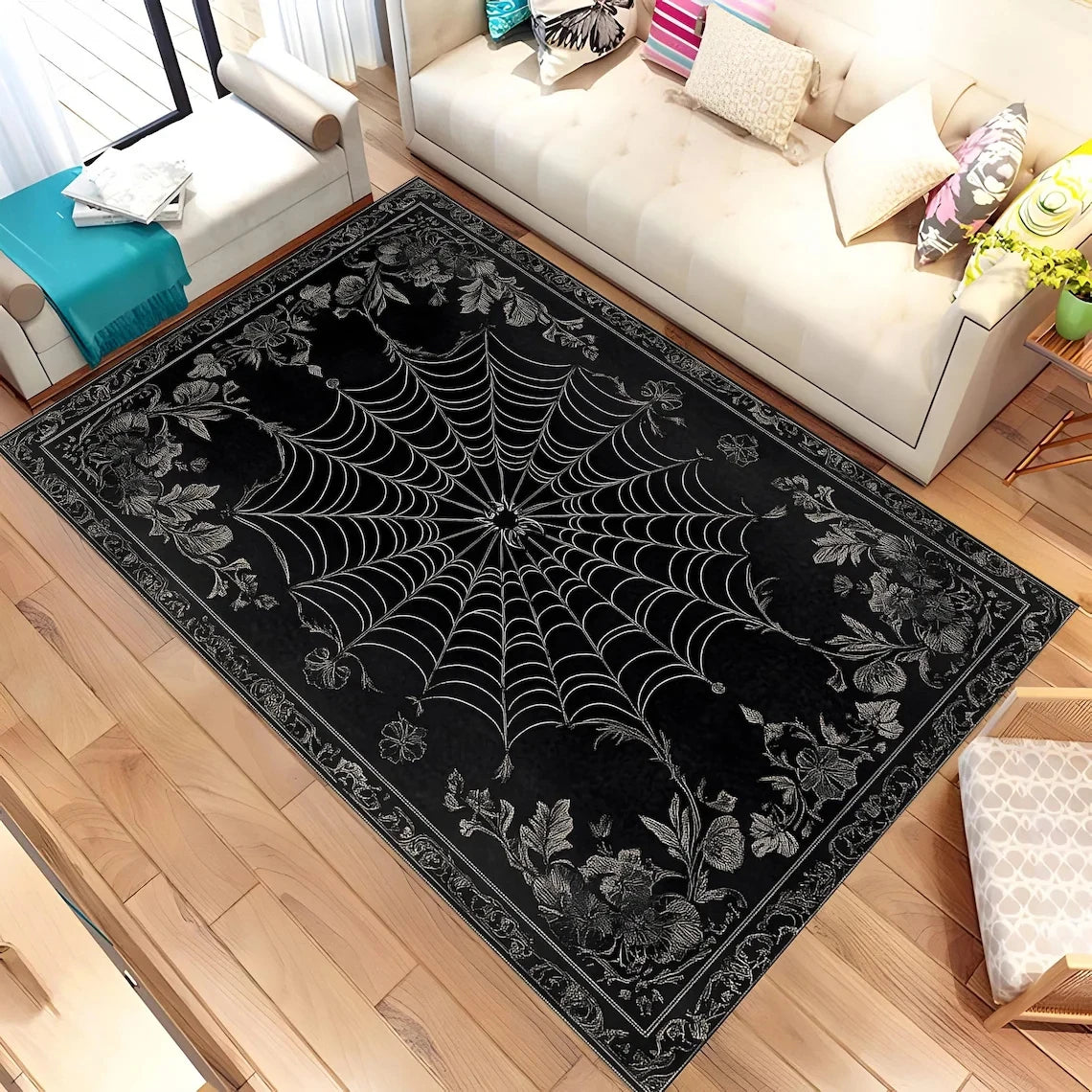 tapis gothique noir décorations toile araignée roses rouges romantique salon chambre halloween maison