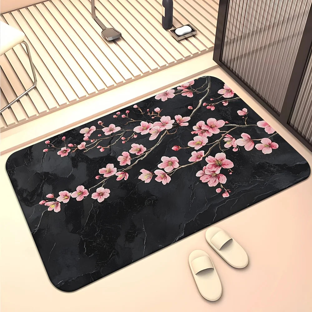 tapis sol antidérapant polyester moderne fleurs cerisier marbre noir rose salon chambre