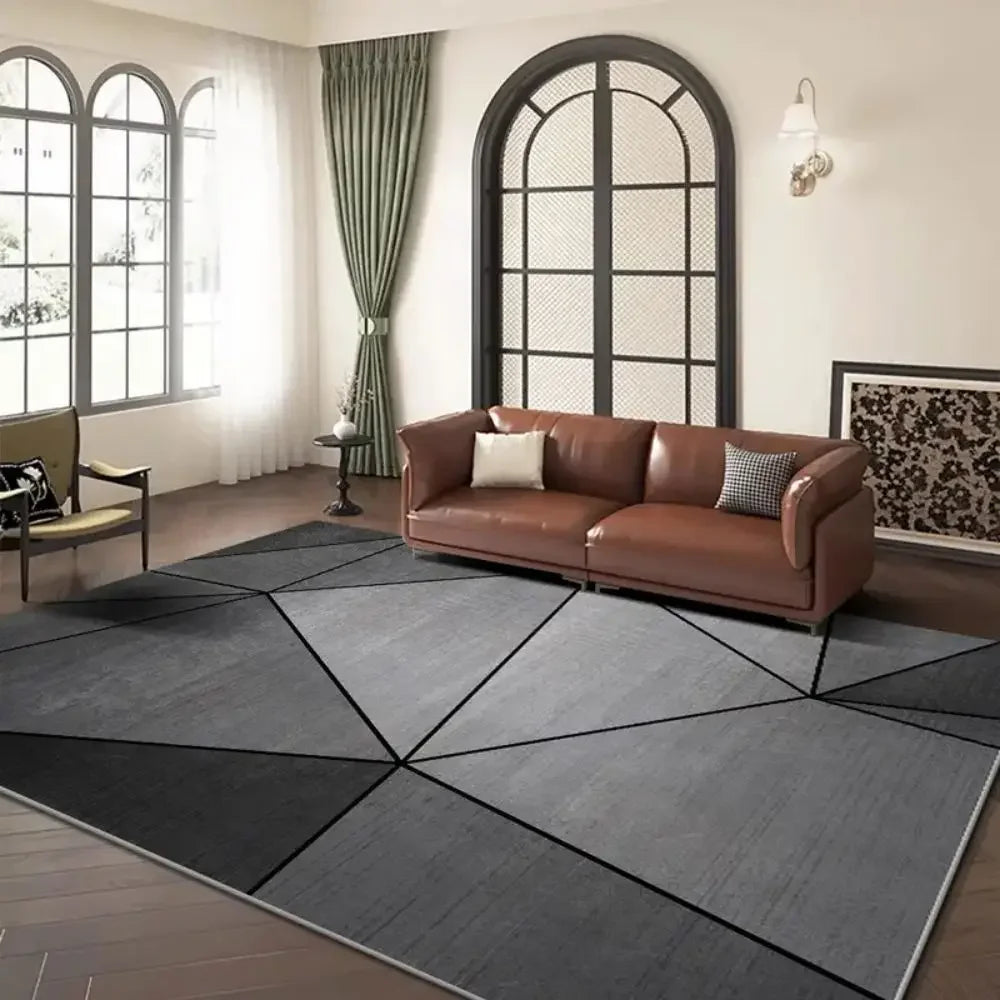 tapis géométrique noir gris moderne salon chambre prière durable anti salissure easy clean
