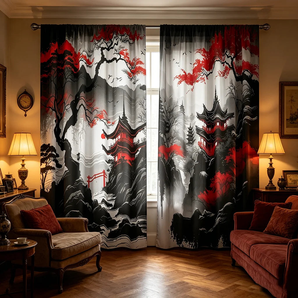rideaux imprimés paysage oriental 100% polyester noir blanc rouge moderne