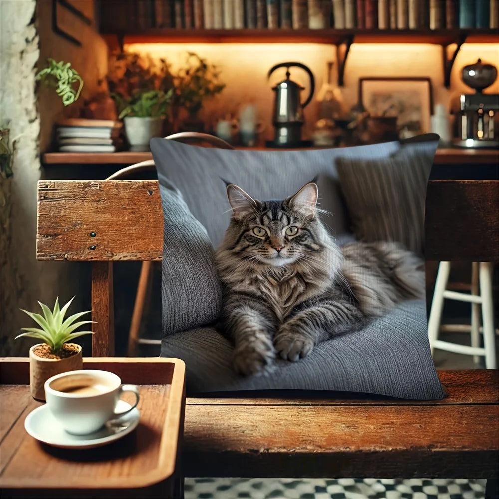 housse coussin imprimé chat maine coon gris moderne polyester 45x45cm invisible decoratif maison voiture