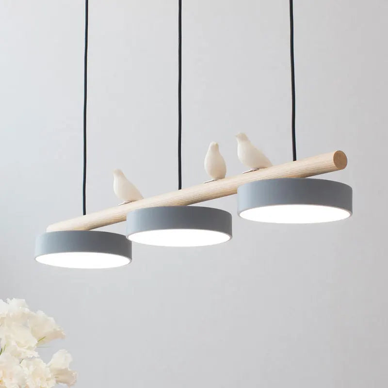 lampe suspendue moderne minimaliste led gris blanc rose jaune bleu oiseaux résine bois