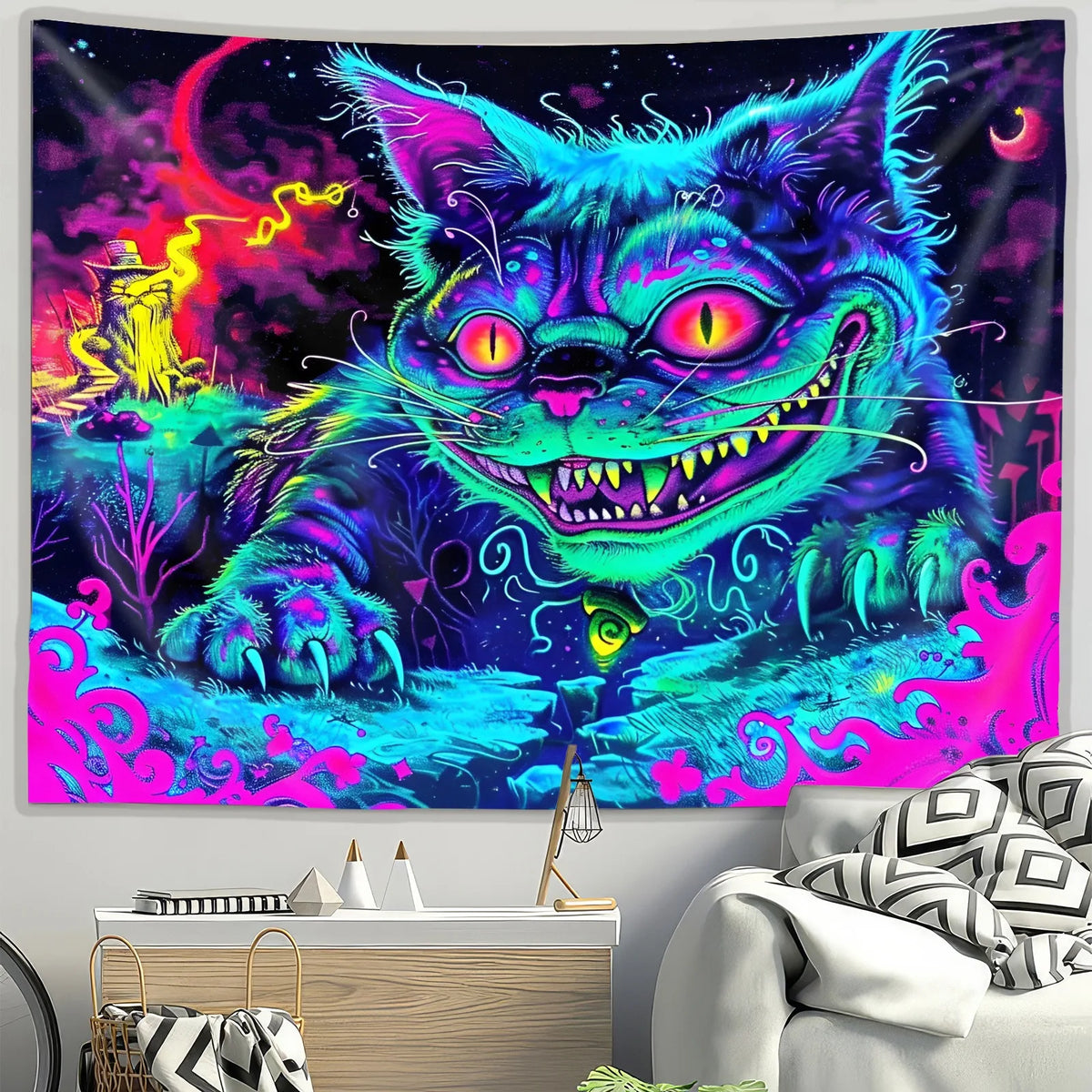 tapisserie moderne chat fantastique oeil lumineux abstraite chambre bleu vert rose chambre