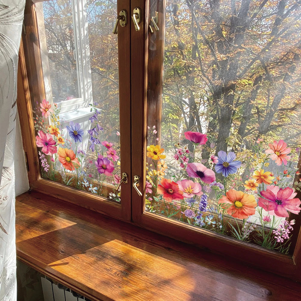 autocollants fenetre fleurs colorées transparents adhésifs mur decoration nouvelle année stickers vitre pvc