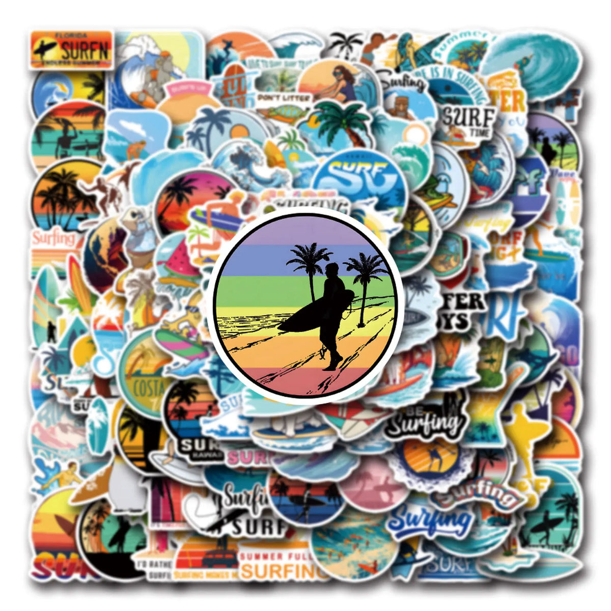 autocollants surf multicolores palmiers vagues coucher soleil adhésifs vintage rétro été plage