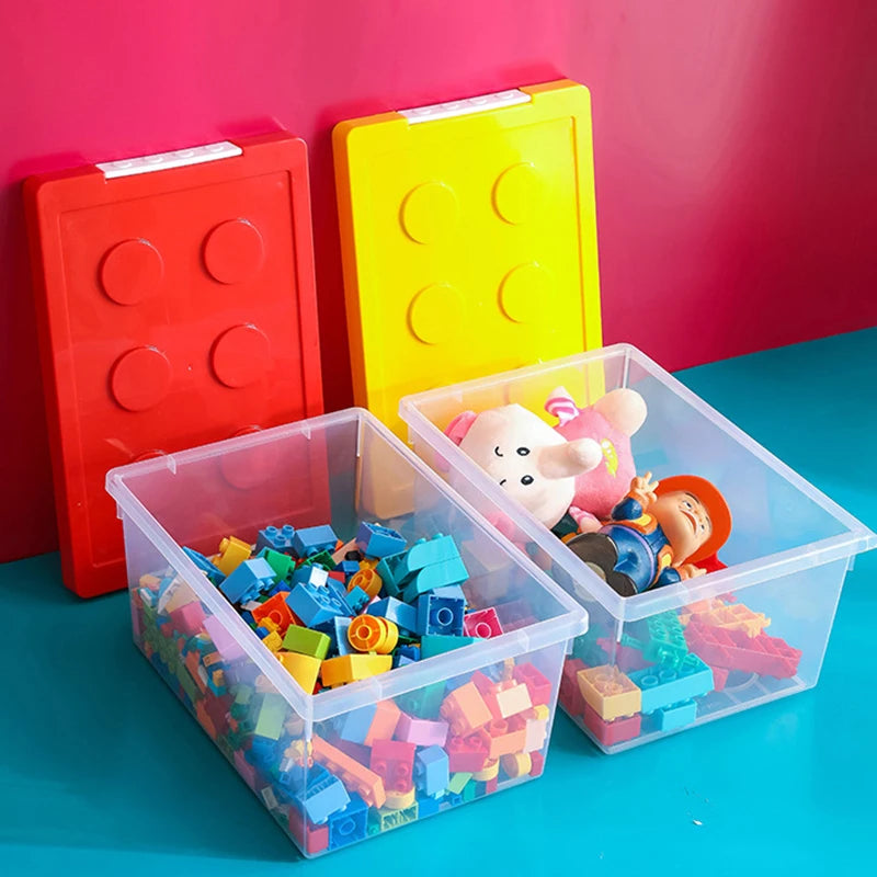 boîtes rangement transparentes couleurs poignées plaques construction moderne organisation jouets articles divers empilage support