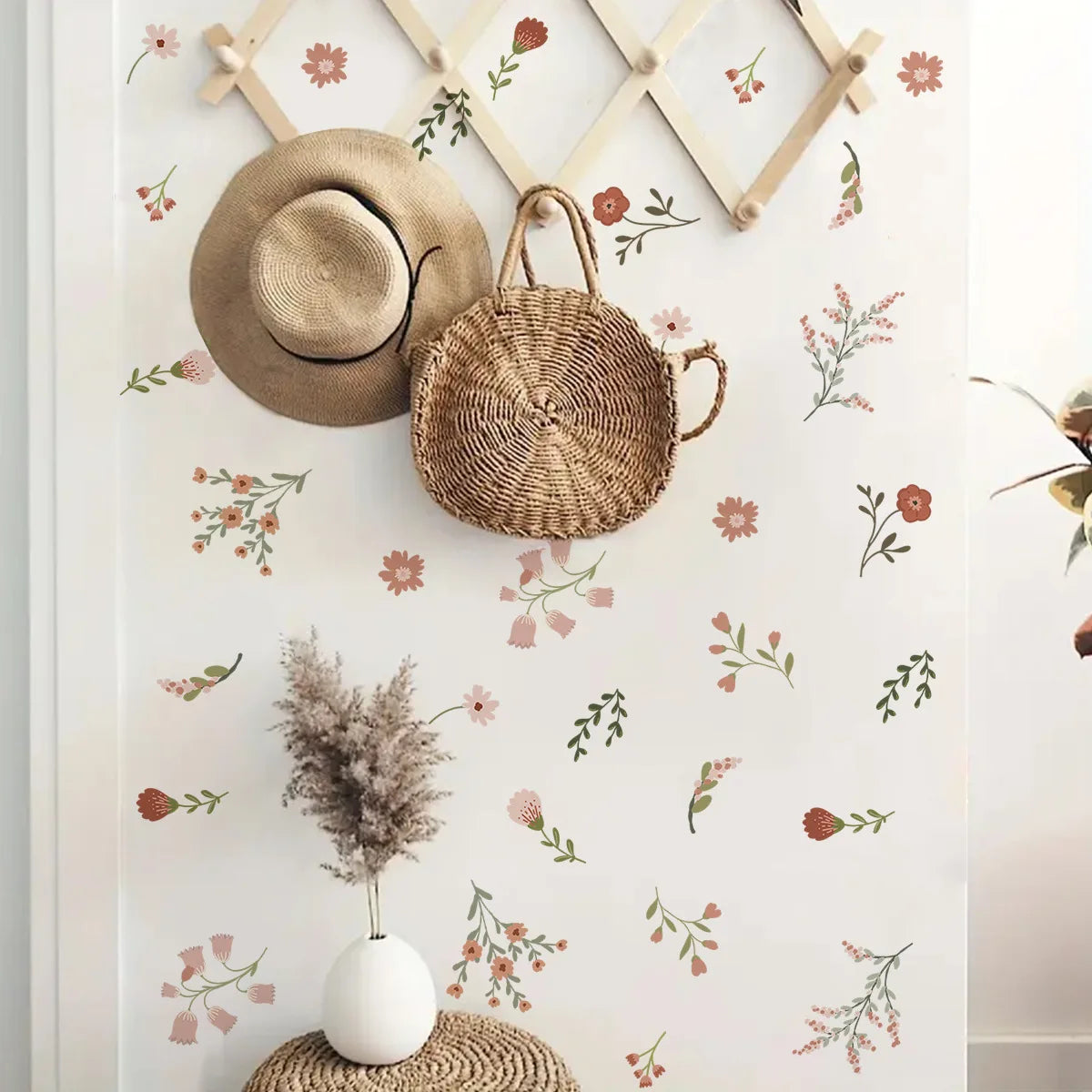 stickers muraux fleurs feuilles blanc rose vert beige adhésif décoratif naturel intérieur enfants salon