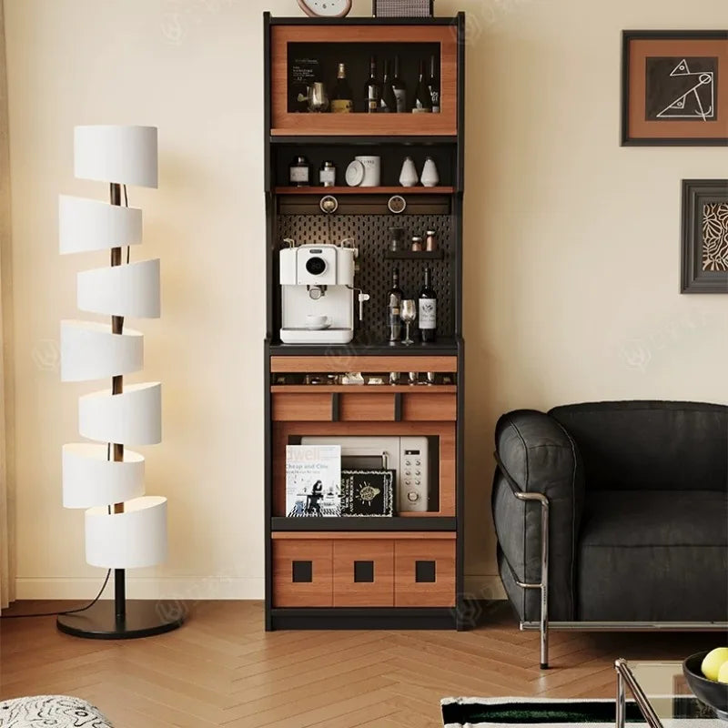 meuble rangement multifonction moderne noir bois naturel salon entrée vitrine assiettes tasses bouteilles vin
