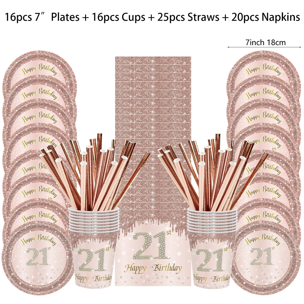 ensemble vaisselle jetable anniversaire rose gold assiettes serviettes gobelets pailles paillettes décoratif fête
