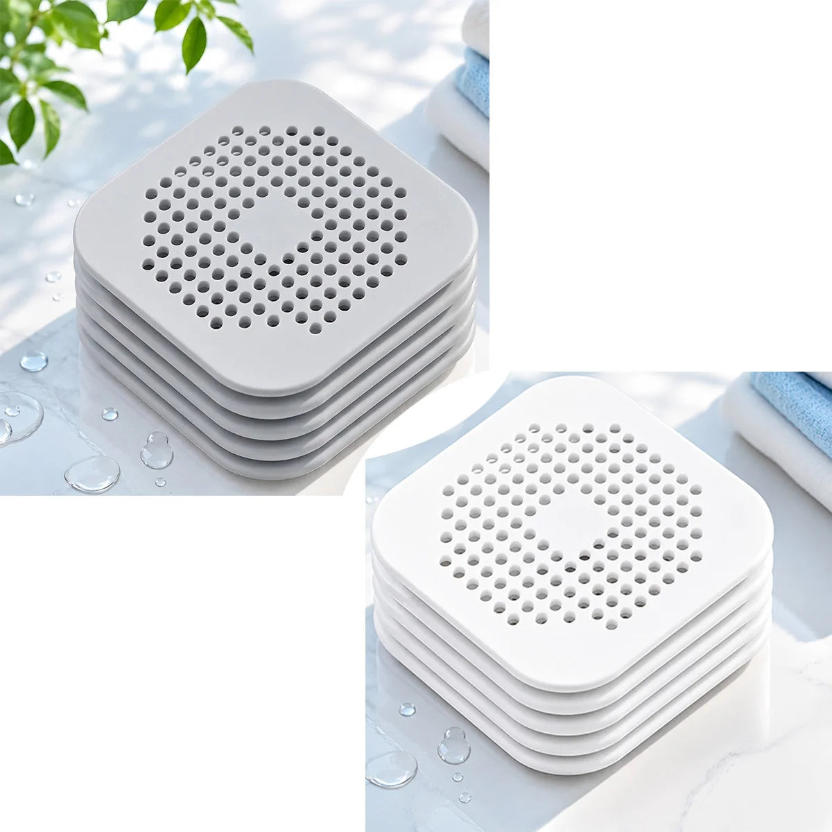 filtre bain réutilisable perforations géométriques adhésif blanc gris moderne respectueux environnement