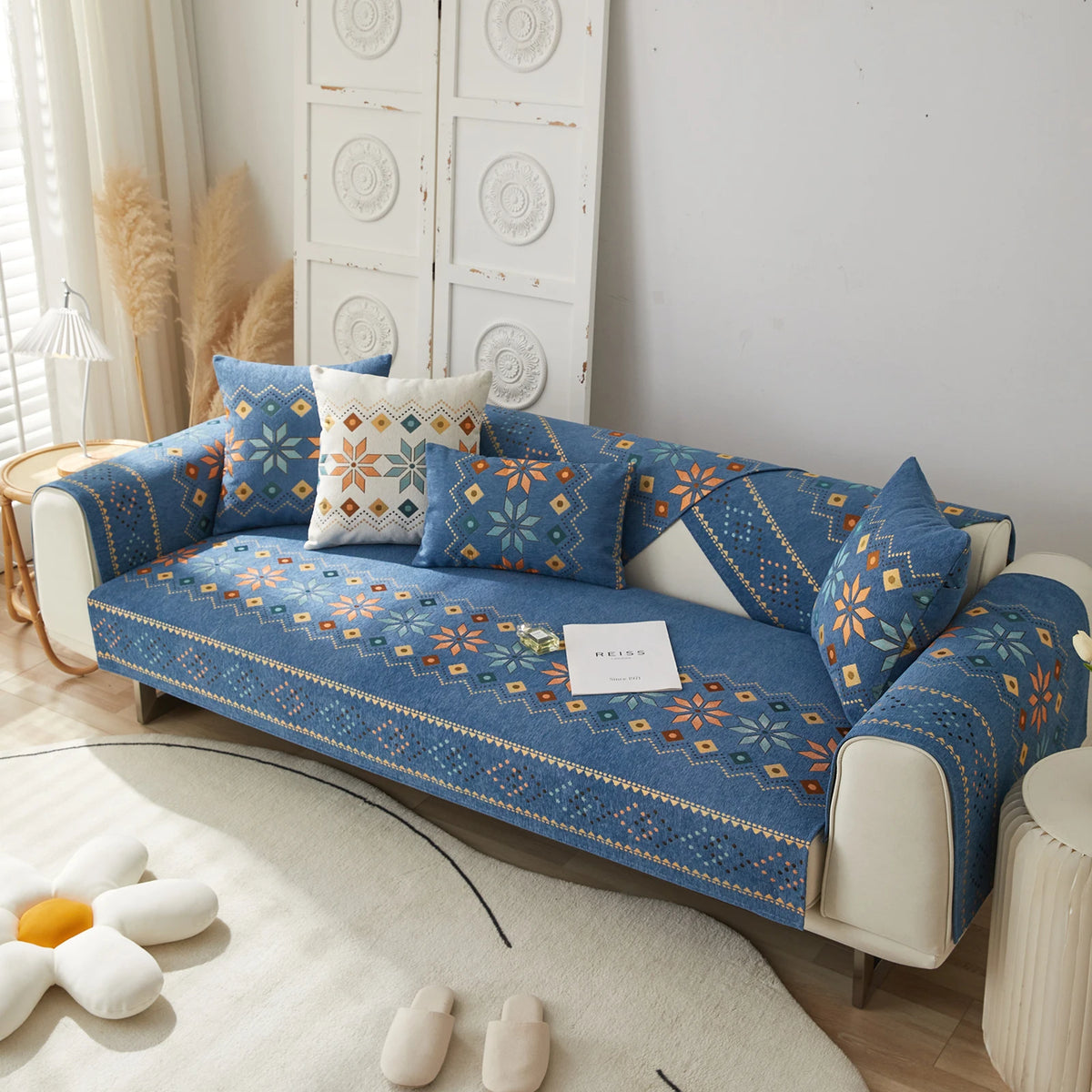 Housse canapé moderne ethnique bleu triangle motif coussins assortis polyester chenille machine lavable