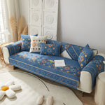Housse canapé moderne ethnique bleu triangle motif coussins assortis polyester chenille machine lavable