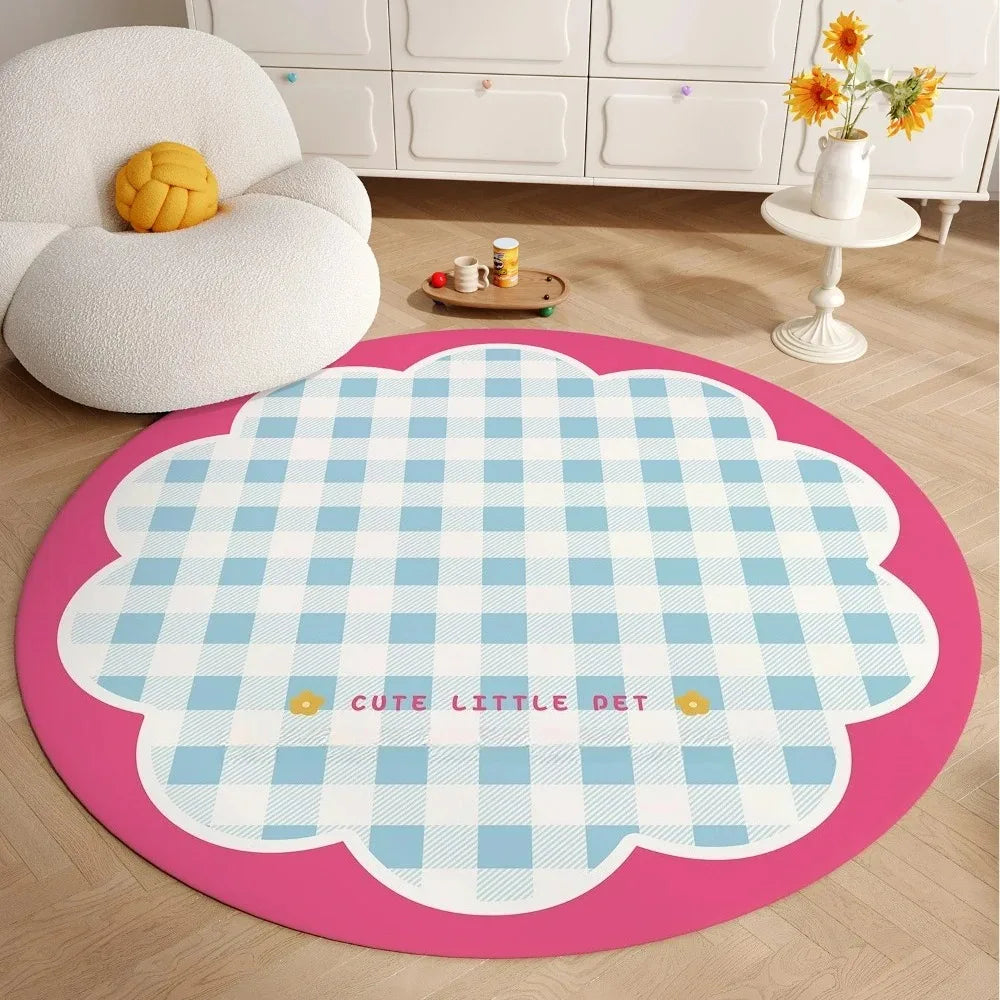 tapis rond carreaux colorés moderne enfantin bleu blanc rose vert polyester antidérapant chambre salon