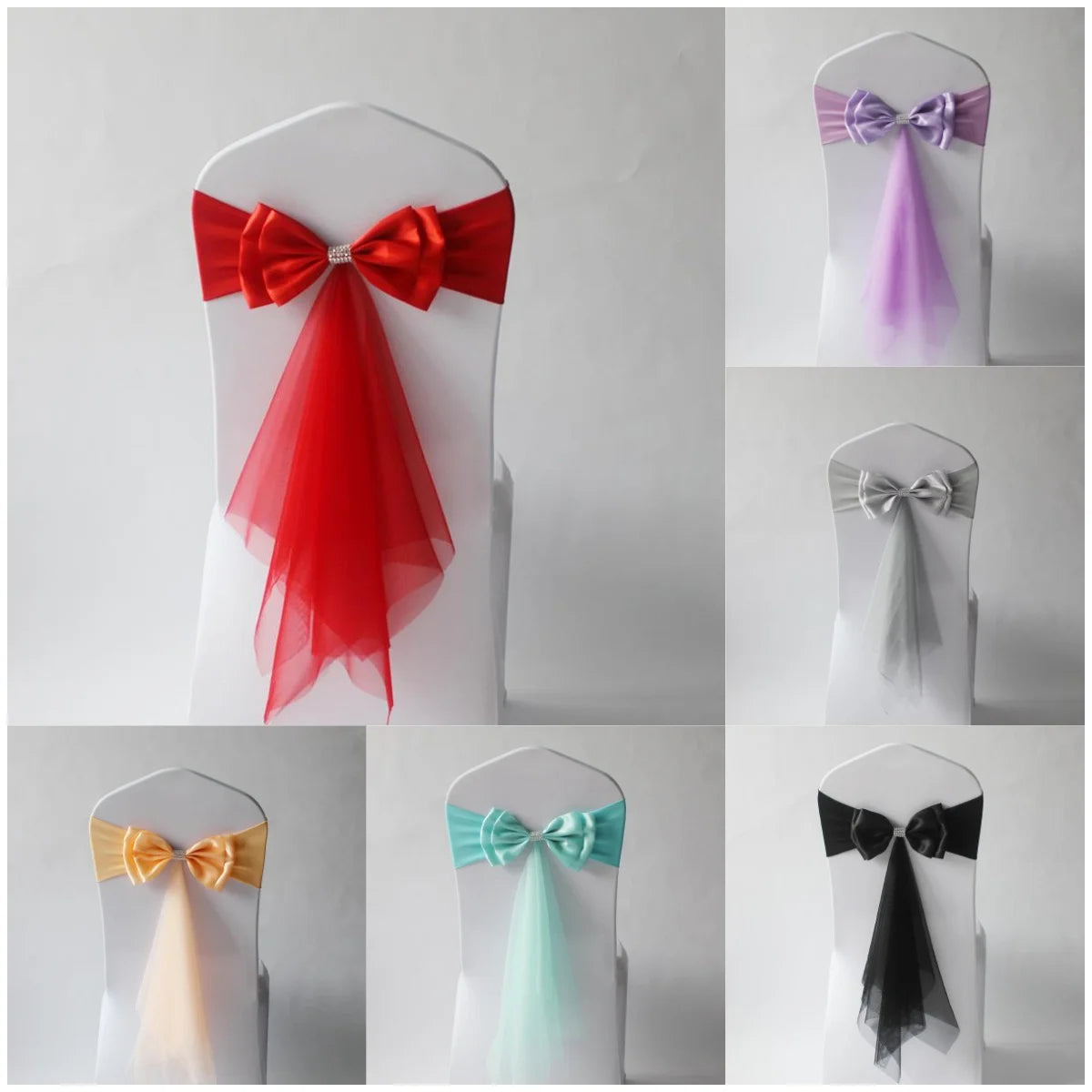 décoration chaise mariage sash papillon tulle organza couleur variée événementiel festive reception simple