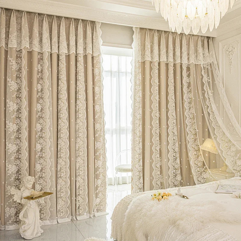 rideau occultant beige broderie florale dentelle élégant classique salon chambre
